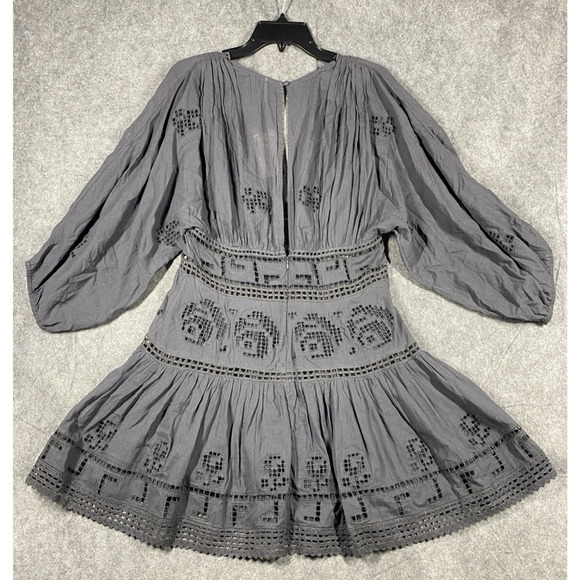 Free People Dress Womens Medium Grey Mini Deep V Neck Eyelet Cottagecore - Picture 11 of 15